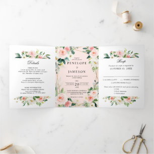 Blush Pink Floral Geometric Botanical Wedding Tri- Dreifach-gefaltete Programmkarte