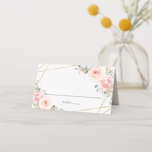 Blush Pink Floral Geometric Wedname Guest Name Platzkarte (Vorderseite)