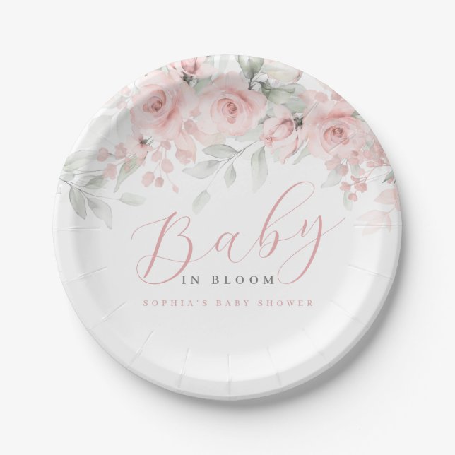 Blush Pink Floral Girl Baby in Bloom Pappteller (Vorderseite)