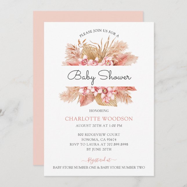 Blush Pink Floral Girl Babydusche Einladung (Vorne/Hinten)