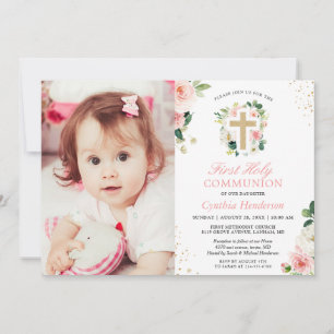 Blush Pink Floral Girl First Holy Communy Foto Einladung