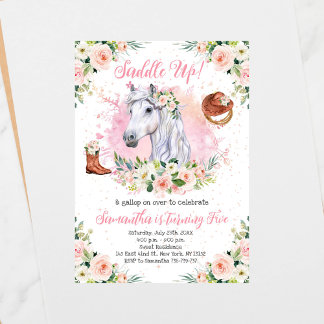 Blush Pink Floral Girl Pferd Geburtstagsparty Einladung