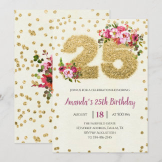 Blush Pink Floral Gold 25. Geburtstag Einladung