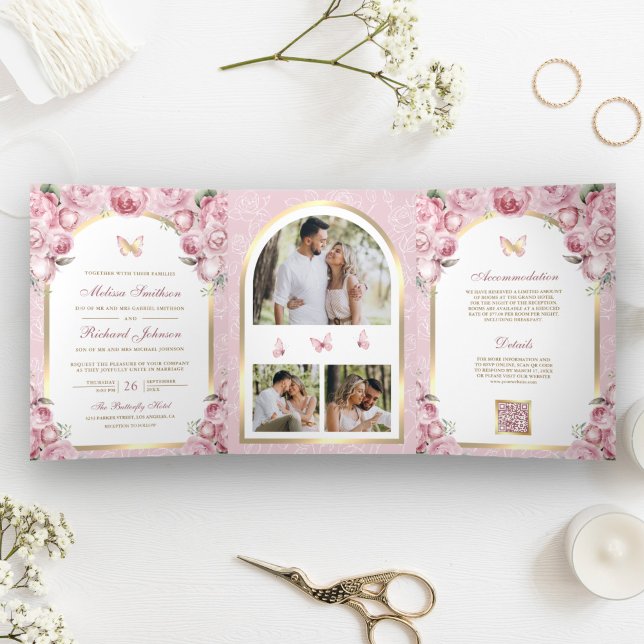 Blush Pink Floral Gold Arch Butterfly Hochzeit Dreifach Gefaltete Einladung (Von Creator hochgeladen)