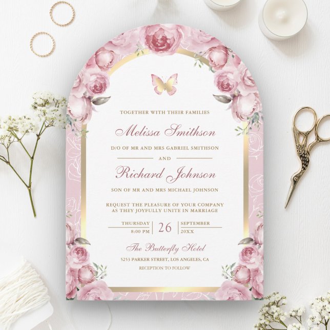 Blush Pink Floral Gold Arch Butterfly Hochzeit Einladung (Von Creator hochgeladen)