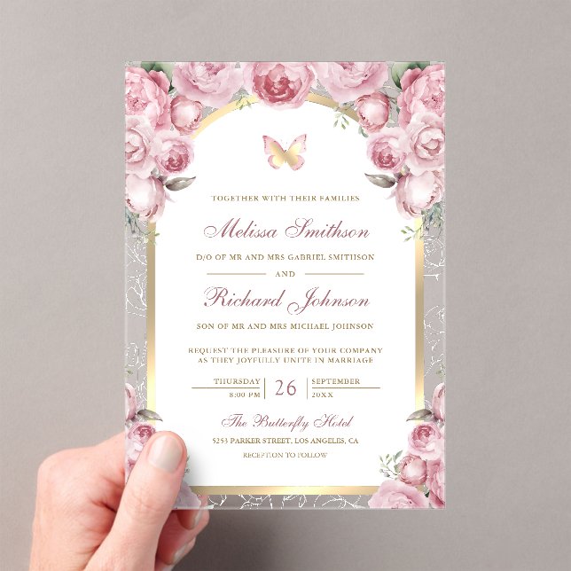 Blush Pink Floral Gold Arch Butterfly Wedding Acryleinladungen (Insitu (Handheld))