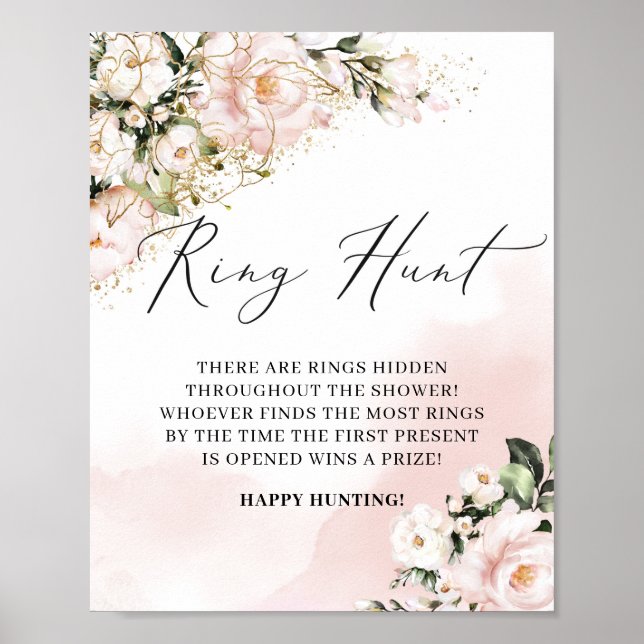 Blush Pink Floral Gold Blätter Ring Hunt Spiel Sig Poster (Vorne)