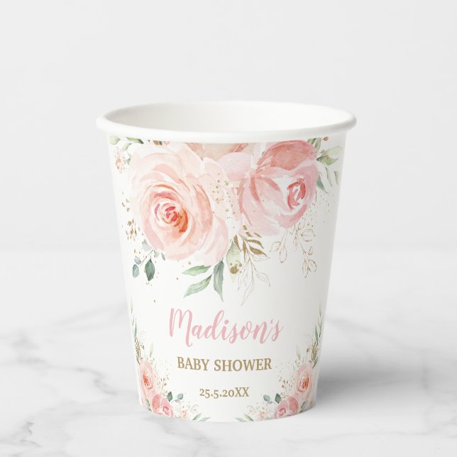 Blush Pink Floral Gold Bridal Baby Dusche Geburtst Pappbecher (Vorderseite)