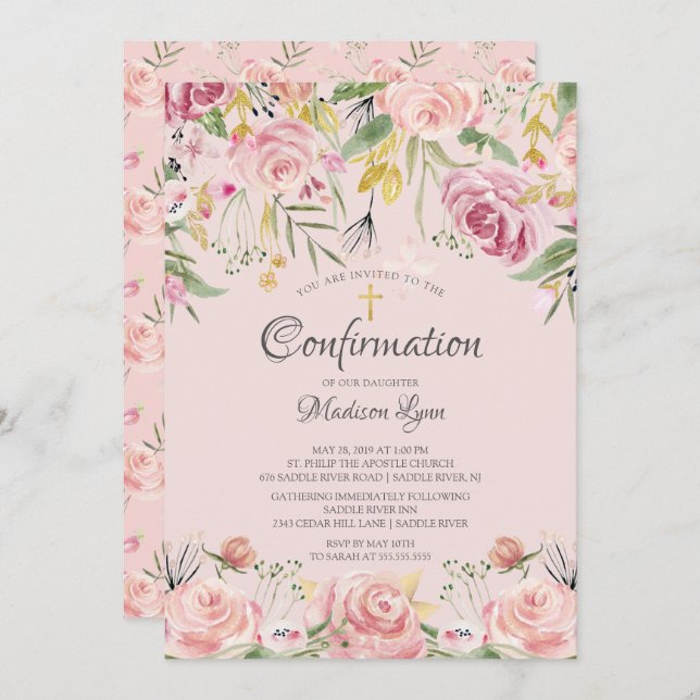 Blush Pink Floral & Gold Cross Bestätigung Einladung (Vorne/Hinten)