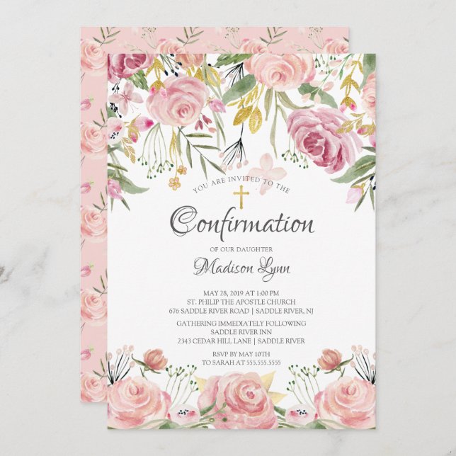 Blush Pink Floral & Gold Cross Bestätigung Einladung (Vorne/Hinten)