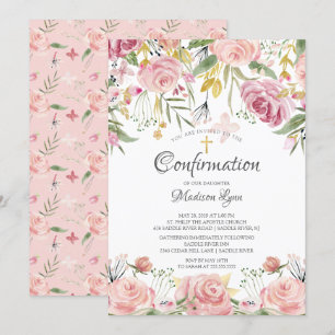 Blush Pink Floral & Gold Cross Bestätigung Einladung