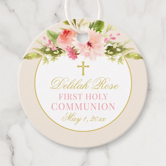 Blush Pink Floral Gold Cross First CommunityGirl Geschenkanhänger (Vorderseite)