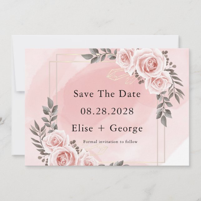 Blush Pink Floral Gold Crystal Save The Date Einladung (Vorderseite)