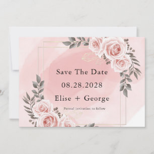 Blush Pink Floral Gold Crystal Save the Date Einladung