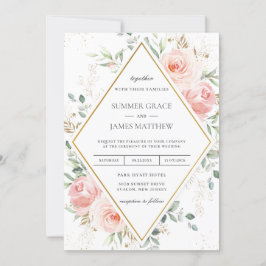 Blush Pink Floral Gold Diamond Geometrische Hochze Einladung