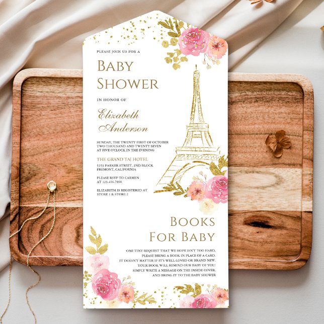 Blush Pink Floral Gold Eiffelturm Babydusche All In One Einladung (Von Creator hochgeladen)