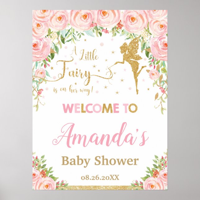 Blush Pink Floral Gold Fee Baby Dusche Herzlich wi Poster (Vorne)