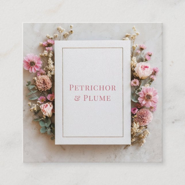 Blush Pink Floral Gold Frame Rustic Geometric Quadratische Visitenkarte (Vorderseite)