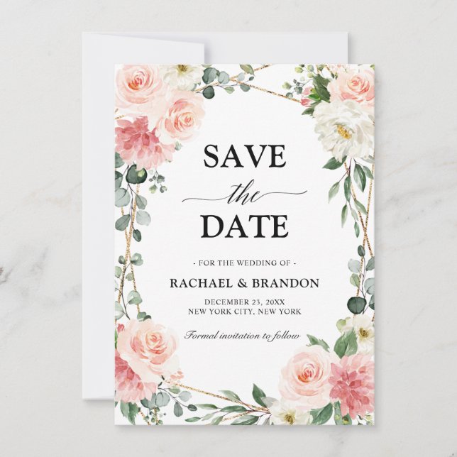 Blush Pink Floral Gold Geometrie Save the Date (Vorderseite)