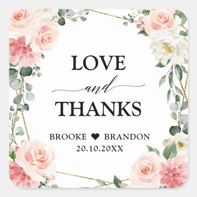 Blush Pink Floral Gold Geometrische botanische Hoc Quadratischer Aufkleber (Vorderseite)