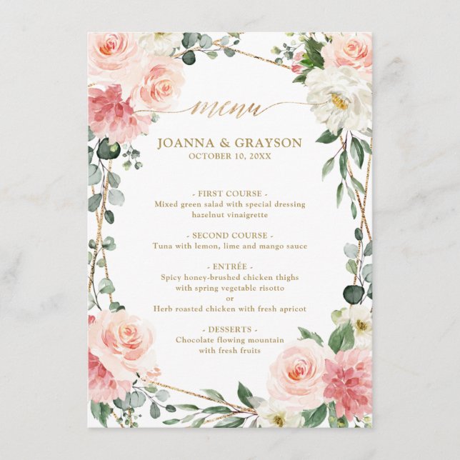 Blush Pink Floral Gold Geometrisches Hochzeitsmenü Menükarte (Vorderseite)
