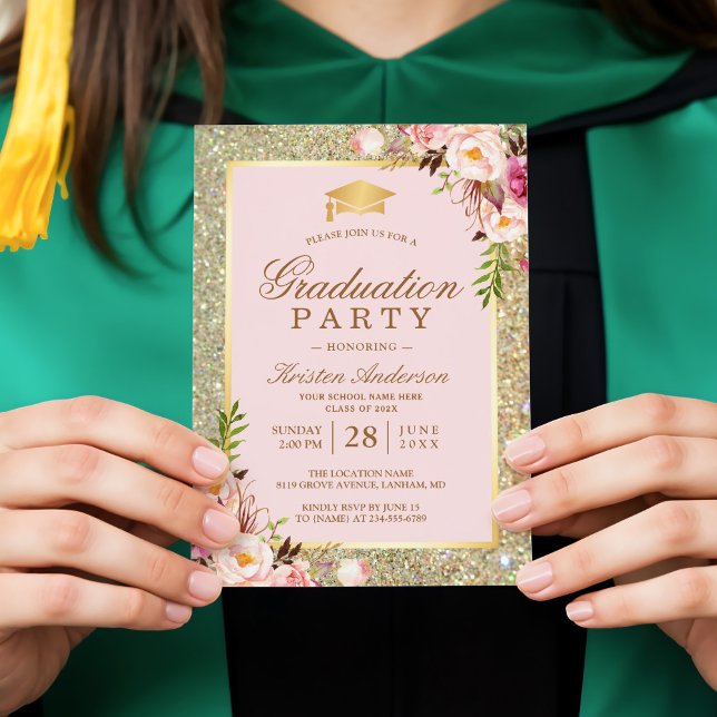 Blush Pink Floral Gold Glitzern Graduation Party Einladung (Von Creator hochgeladen)