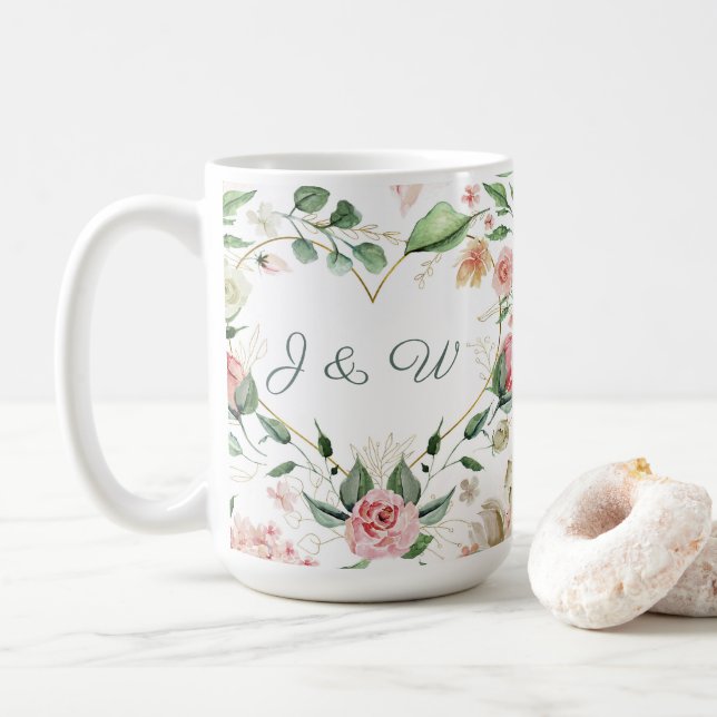Blush Pink Floral Gold Heart Monogram Wedding Kaffeetasse (Mit Donut)