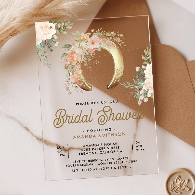 Blush Pink Floral Gold Horseshoe Bridal Shower Acryleinladungen (Von Creator hochgeladen)