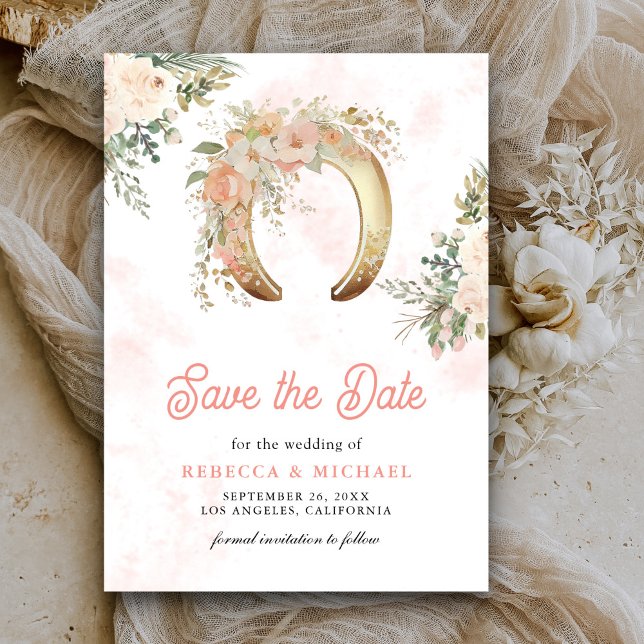 Blush Pink Floral Gold Horseshoe Hochzeit Save The Date (Von Creator hochgeladen)
