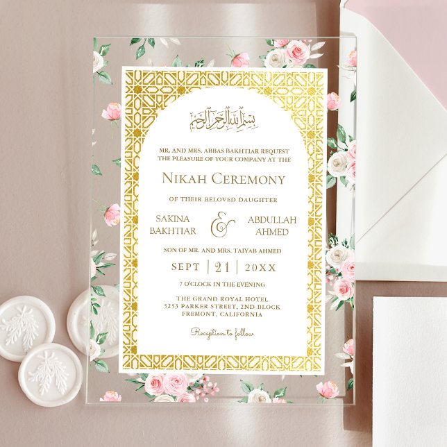 Blush Pink Floral Gold Muster muslimische Hochzeit Acryleinladungen (Von Creator hochgeladen)