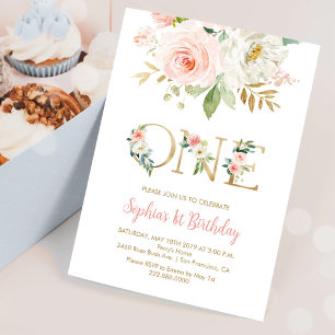 Blush Pink Floral, Gold, ONE Girls Geburtstagspart Einladung