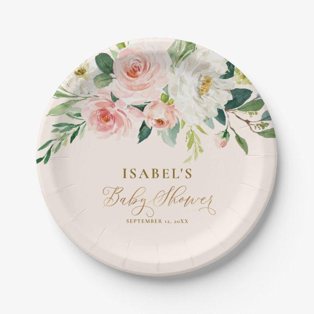 Blush Pink Floral & Gold Personalisierte Babydusch Pappteller (Vorderseite)
