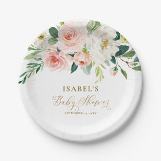 Blush Pink Floral & Gold Personalisierte Babydusch Pappteller