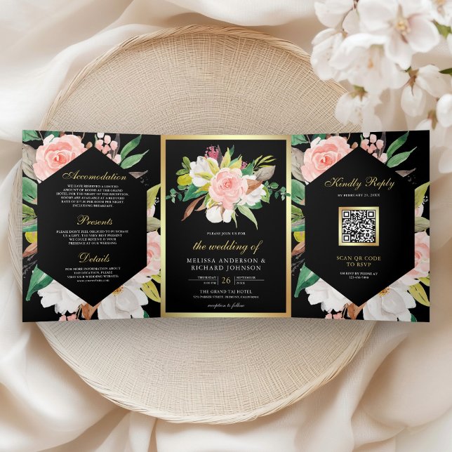 Blush Pink Floral Gold QR Code Black Wedding Dreifach Gefaltete Einladung (Von Creator hochgeladen)