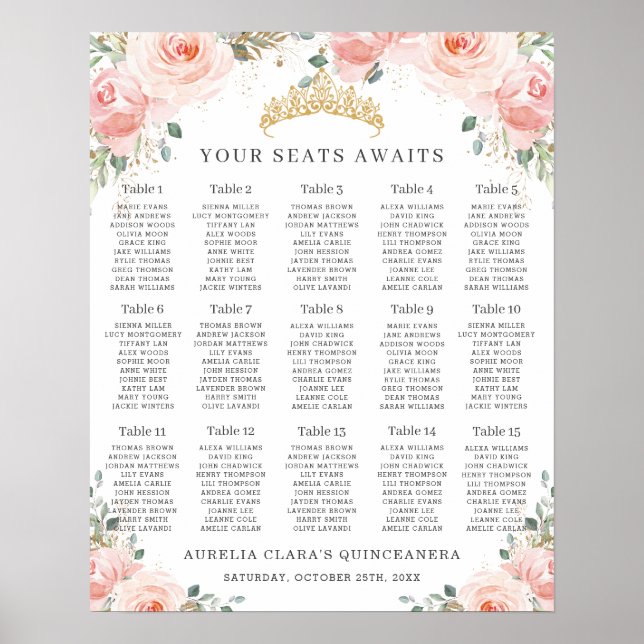 Blush Pink Floral Gold Quinceañera Seekarte Poster (Vorne)