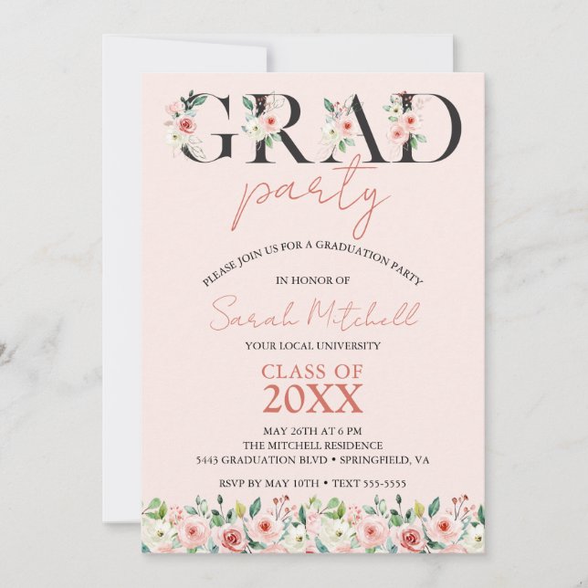 Blush Pink Floral Graduation Party Einladung (Vorderseite)