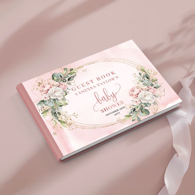 Blush Pink Floral Greenery Baby Girl Shower Sign Gästebuch (Blush Pink Floral Greenery Baby Girl Shower Guest Book)