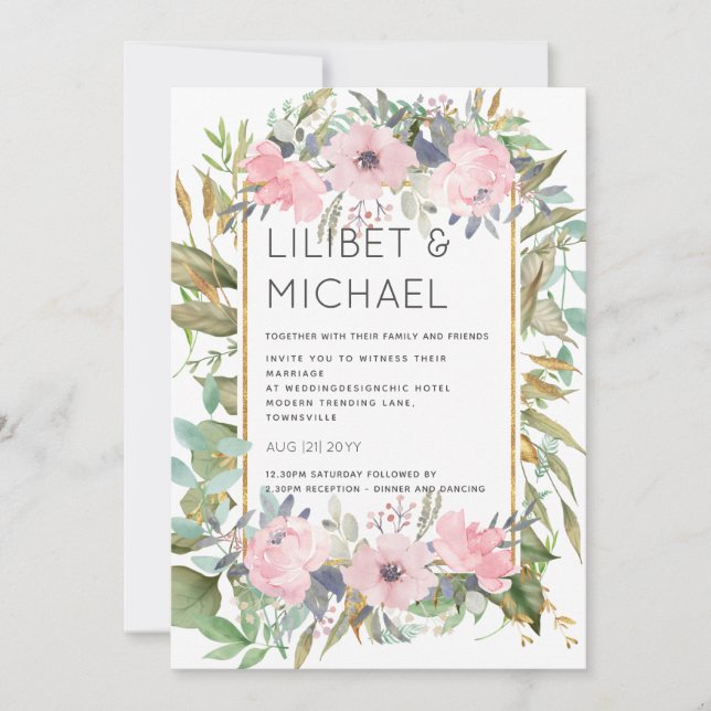 Blush Pink Floral Greenery Boho Wedding Einladung (Vorderseite)