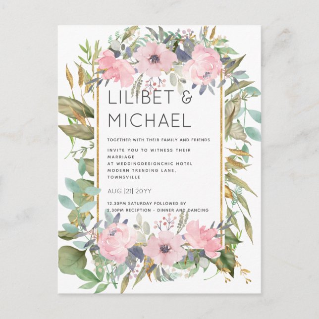 Blush Pink Floral Greenery Boho Wedding Postkarte (Vorderseite)