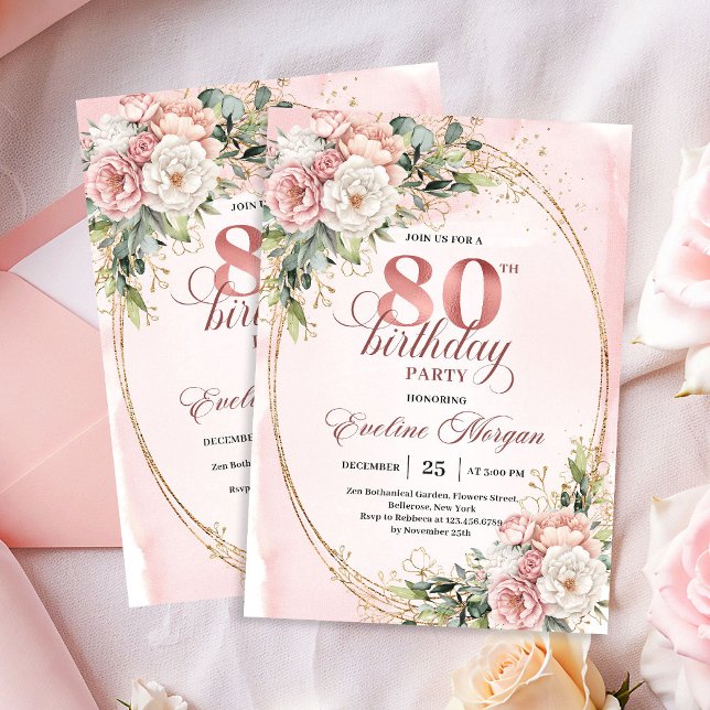 Blush Pink Floral Greenery Gold Glitter 80th Bday Einladung (Blush Pink Floral Greenery Gold Glitter 80th Invitation)