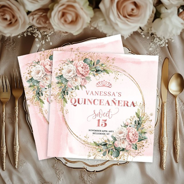 Blush Pink Floral Greenery Sweet 15 Napkins Serviette (Blush Pink Floral Greenery Sweet 15 Napkins)