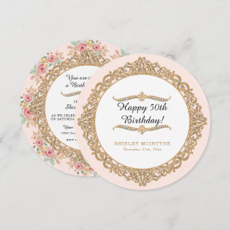 Blush Pink Floral Happy 50. Geburtstag Gold Jewel Einladung