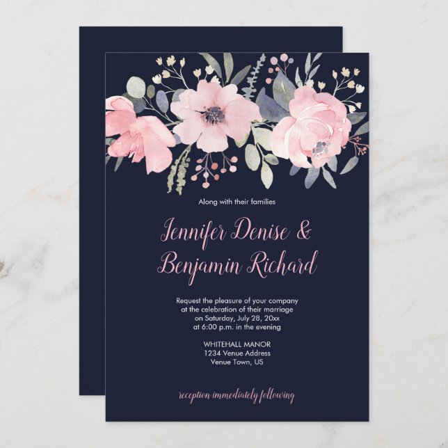 Blush Pink Floral Header auf Navy Hochzeit | Einladung (Vorne/Hinten)