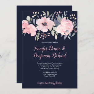 Blush Pink Floral Header auf Navy Hochzeit   Einladung
