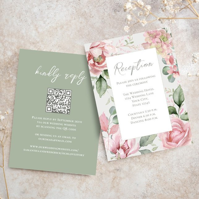 Blush Pink Floral Hochzeitsempfang Begleitkarte (Reception enclosure card template with QR code. )