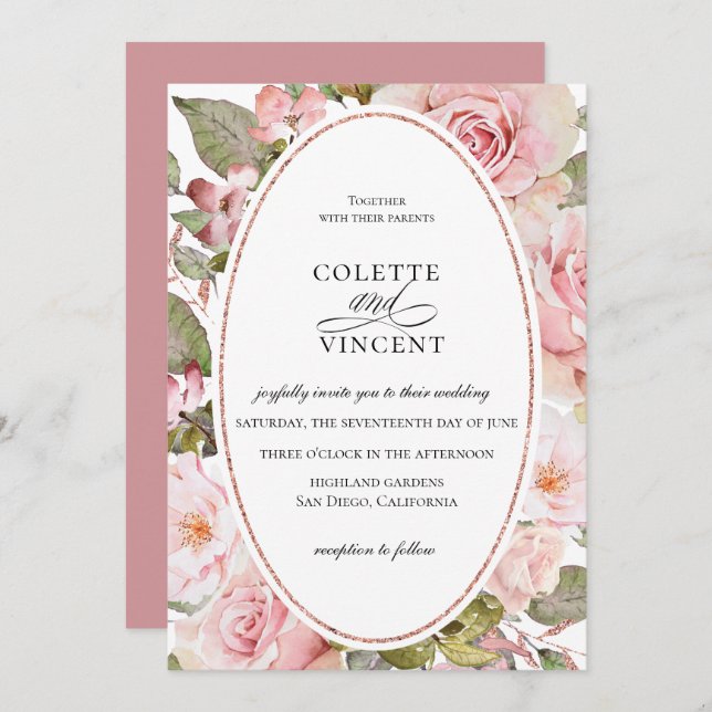 Blush Pink Floral Hochzeitsempfang Einladung (Vorne/Hinten)