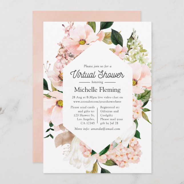 Blush Pink Floral Hydrangeas Virtual Dusche Einladung (Vorne/Hinten)