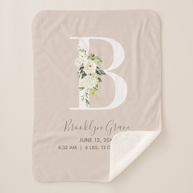 Blush Pink Floral Letter B Baby Script Geburtsstun Sherpadecke (Vorderseite)