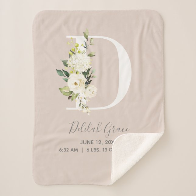 Blush Pink Floral Letter D Baby Script Geburtsstun Sherpadecke (Vorderseite)