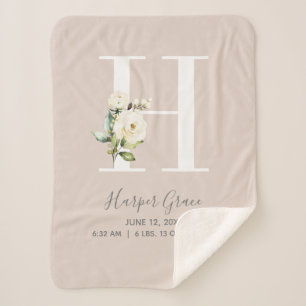 Blush Pink Floral Letter H Baby Script Geburtsstun Sherpadecke
